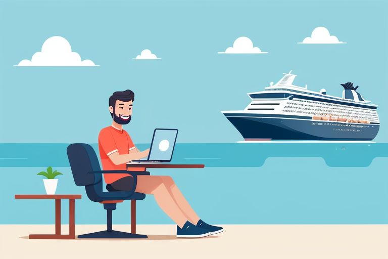 A lively cartoon-style illustration depicting a person eagerly booking a cruise vacation online, sitting at a computer with a big smile, surrounded by images of tropical destinations and cruise ships.