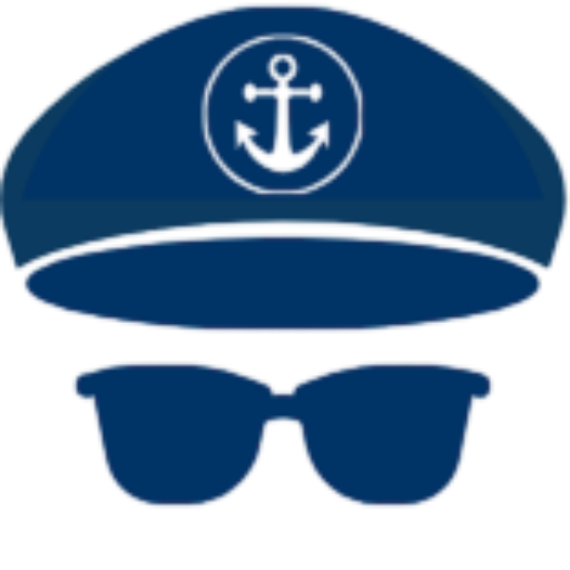 Logo depicting a navy blue captain hat with matching navy aviator sunglasses underneath, representing the nautical theme of "Cruise Compadre"