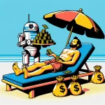 Image of a man relaxing on a beach cot with a robot holding piles of money, representing financial relaxation and security during a cruise vacation